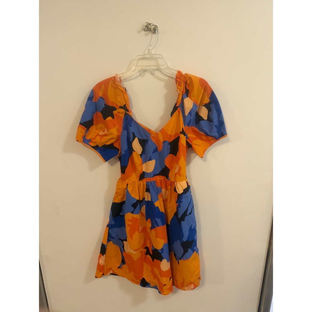Tabitha Brown Target Orange Blue Abstract Floral Cutout Back Puff Sleeve Dress 4